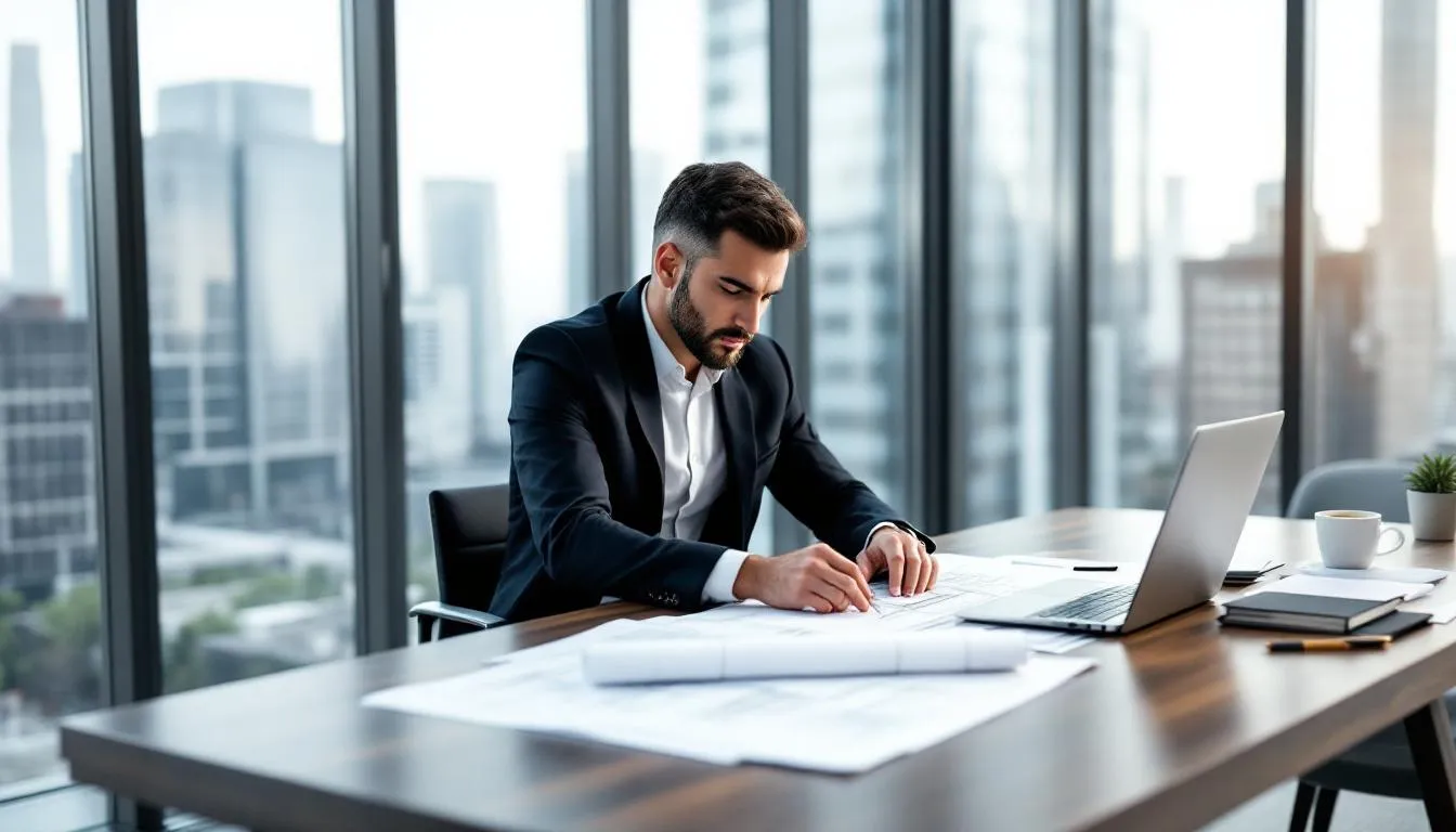 An experienced architect is intently reviewing construction drawings at a modern office desk, surrounded by architectural designs and various building materials. The setting reflects a professional environment where technical skills and knowledge of building codes are essential for managing complex projects effectively.