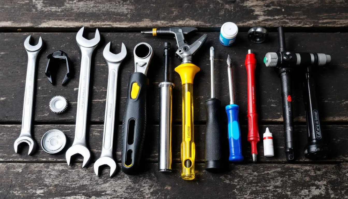 Immagine di un kit di manutenzione per bici, con strumenti base come chiavi, pompa e cacciaviti disposti ordinatamente su un tavolo. Questo kit è ideale per le donne che vogliono prendersi cura della loro bici, garantendo sicurezza e prestazioni durante le uscite in città o in montagna.