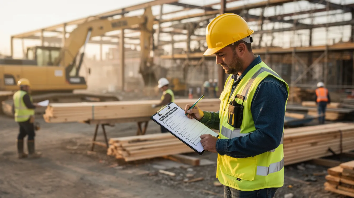 A construction foreman is reviewing a laminated checklist on a clipboard at a busy outdoor jobsite, ensuring that safety protocols and measures are being followed to promote a strong safety culture among construction workers. The scene highlights the importance of regular safety training and effective communication in the construction industry to mitigate risks and prevent accidents.