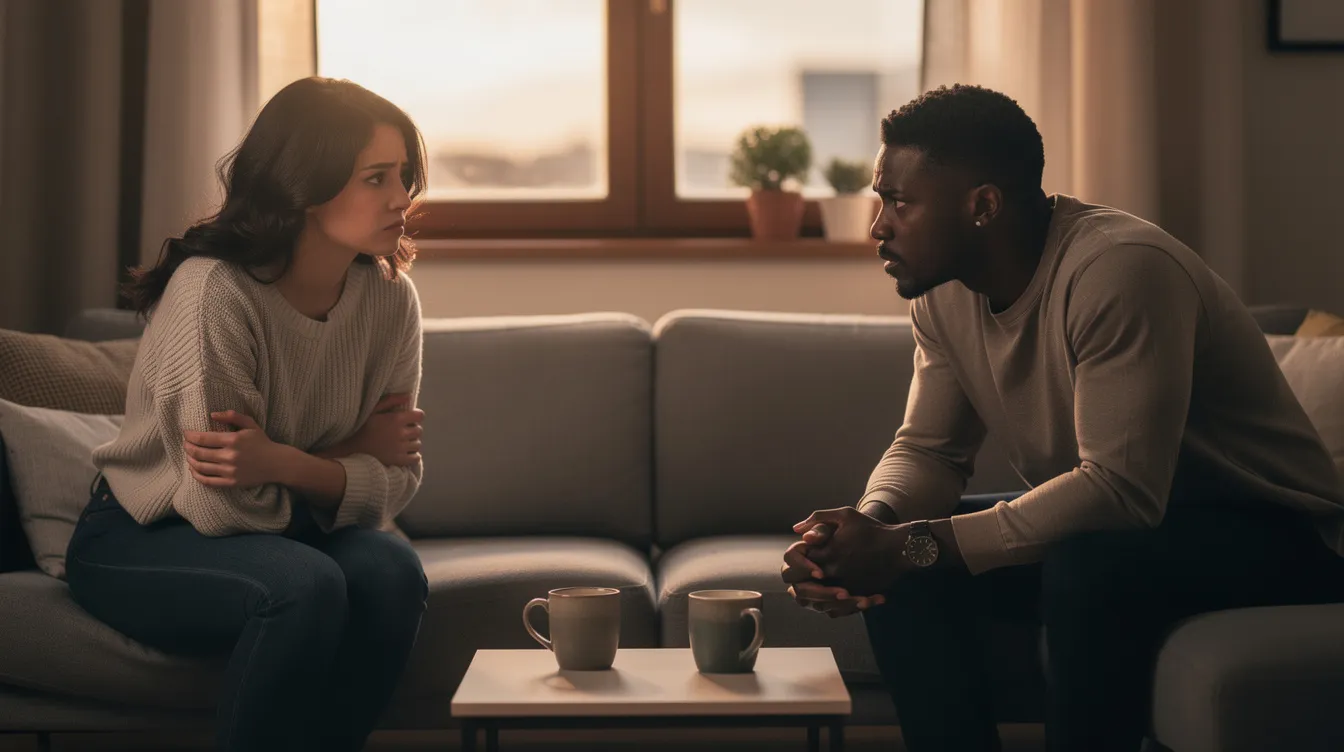 The image depicts a Black couple engaged in a serious conversation, highlighting their struggles with different attachment styles in their romantic relationship. Their expressions reflect a mix of emotional closeness and the challenges of navigating insecure attachment behaviors, emphasizing the importance of understanding attachment theory for healthier, more fulfilling relationships.
