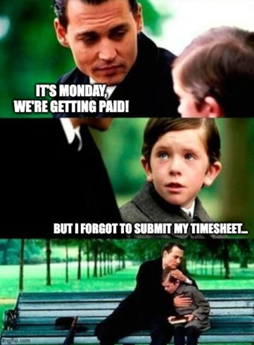 Johnny Depp comforting sad boy who forgot to submit timesheets on time. Timesheet meme about employees forget to submit before payroll deadlines.