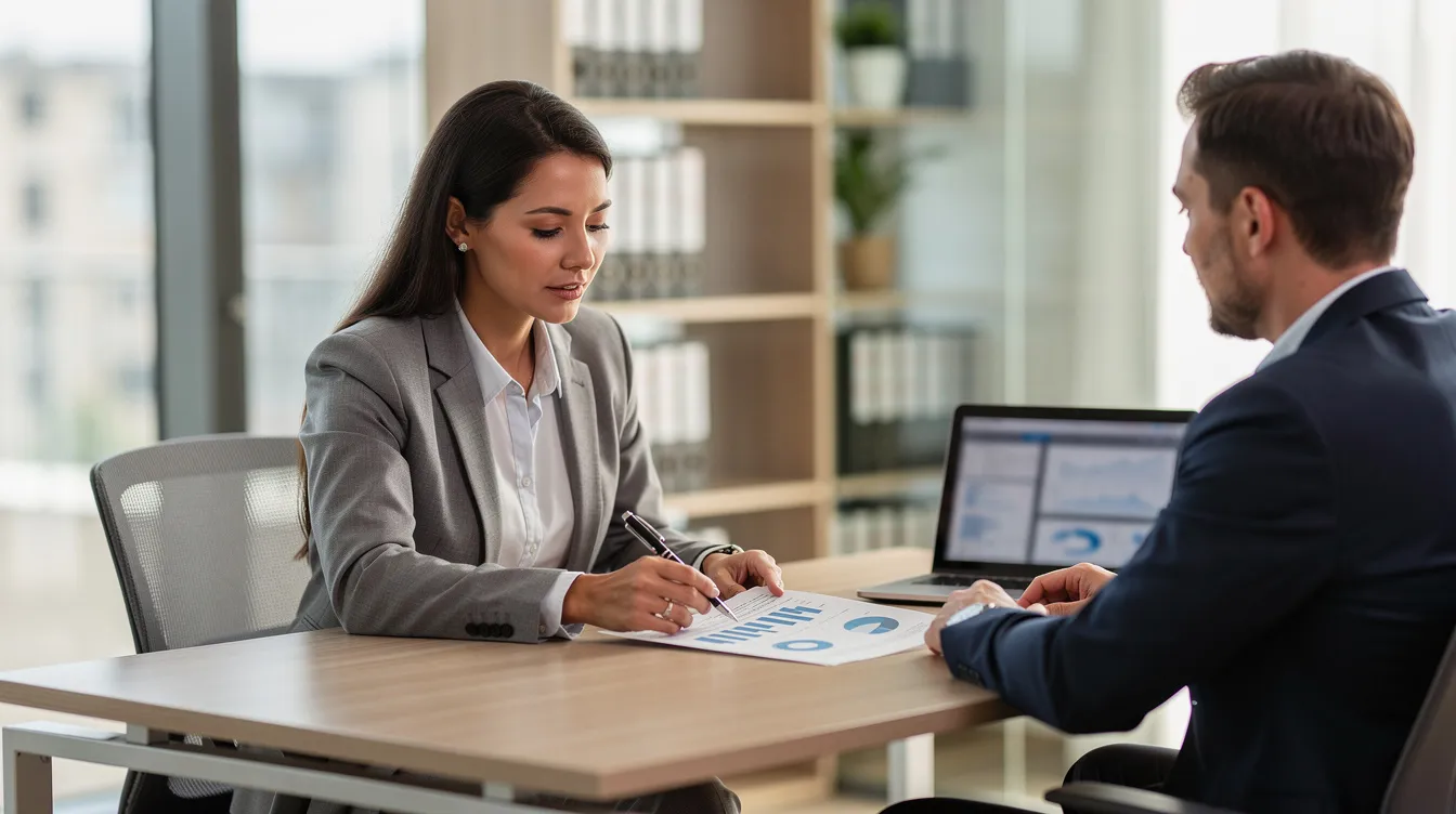 A professional financial advisor is seated at a desk in an office, explaining various documents to a client, highlighting important details such as the actual annual interest rate and terms for a personal installment loan. The setting conveys a serious yet supportive atmosphere as they discuss loan amounts and monthly repayment options.