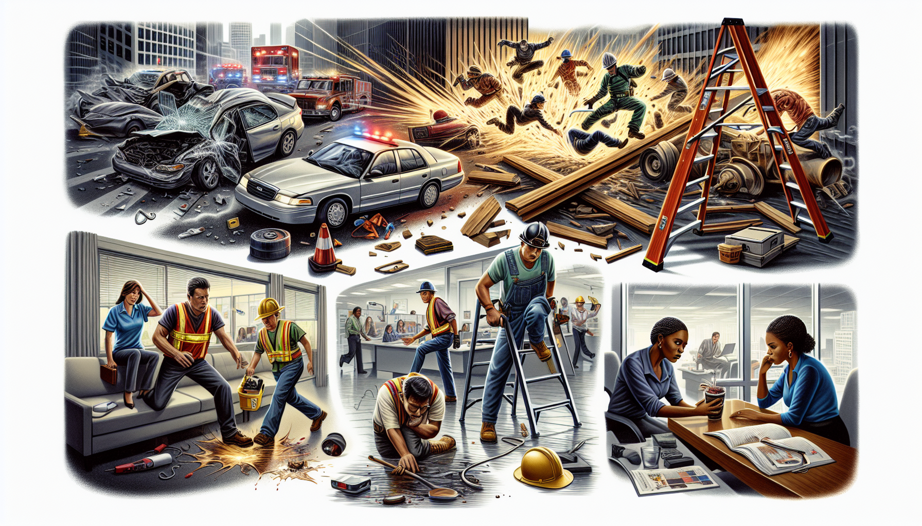 An illustration of common causes of catastrophic injuries such as car accidents and workplace incidents.