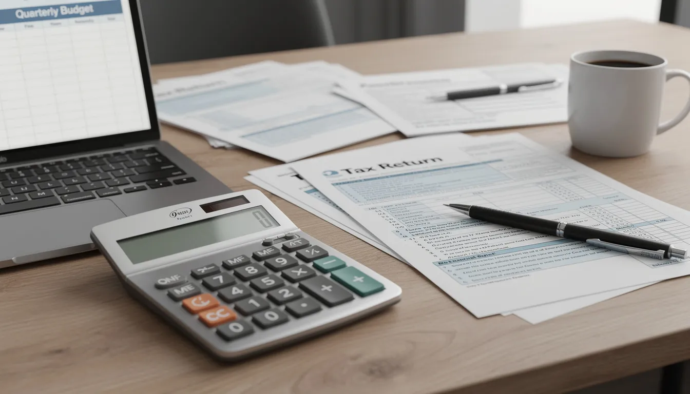 The image shows a calculator alongside various tax forms and business documents spread out on a desk, suggesting a focus on financial analysis and business valuation. The arrangement indicates preparation for assessing fair market value and net present value of assets or investments.