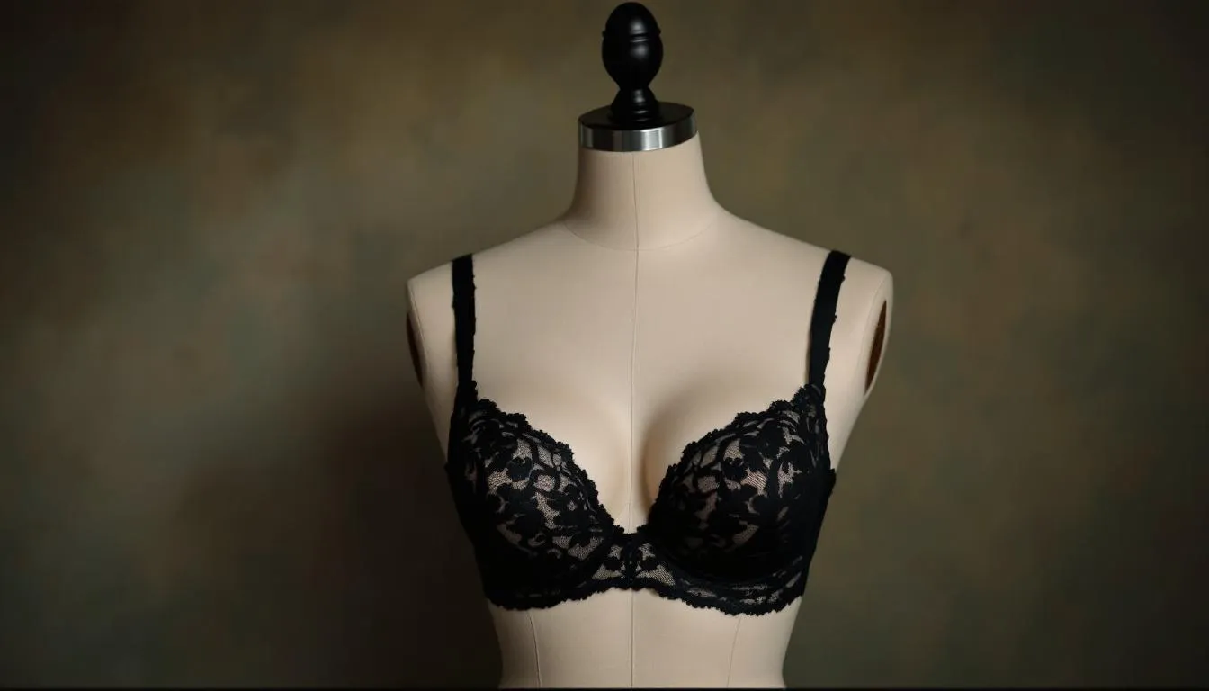 A stylish black lace bralet displayed on a mannequin, showcasing its sexy appeal.