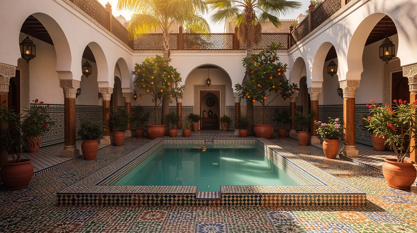 The image depicts a traditional Moroccan riad courtyard featuring a small pool surrounded by vibrant tile work and lush potted plants, all bathed in warm afternoon light. This serene setting captures the essence of Moroccan culture, perfect for a visit to experience the rich history and relaxed atmosphere of the country.