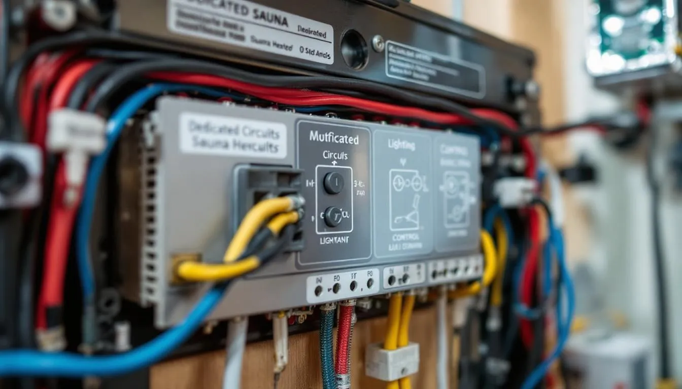 The image depicts an electrical panel with clearly labeled dedicated circuits and professional wiring designed for the installation of a home sauna. This setup ensures safe operation for various sauna types, whether it's an indoor traditional sauna or an infrared sauna, maximizing health benefits like improved circulation and stress relief.