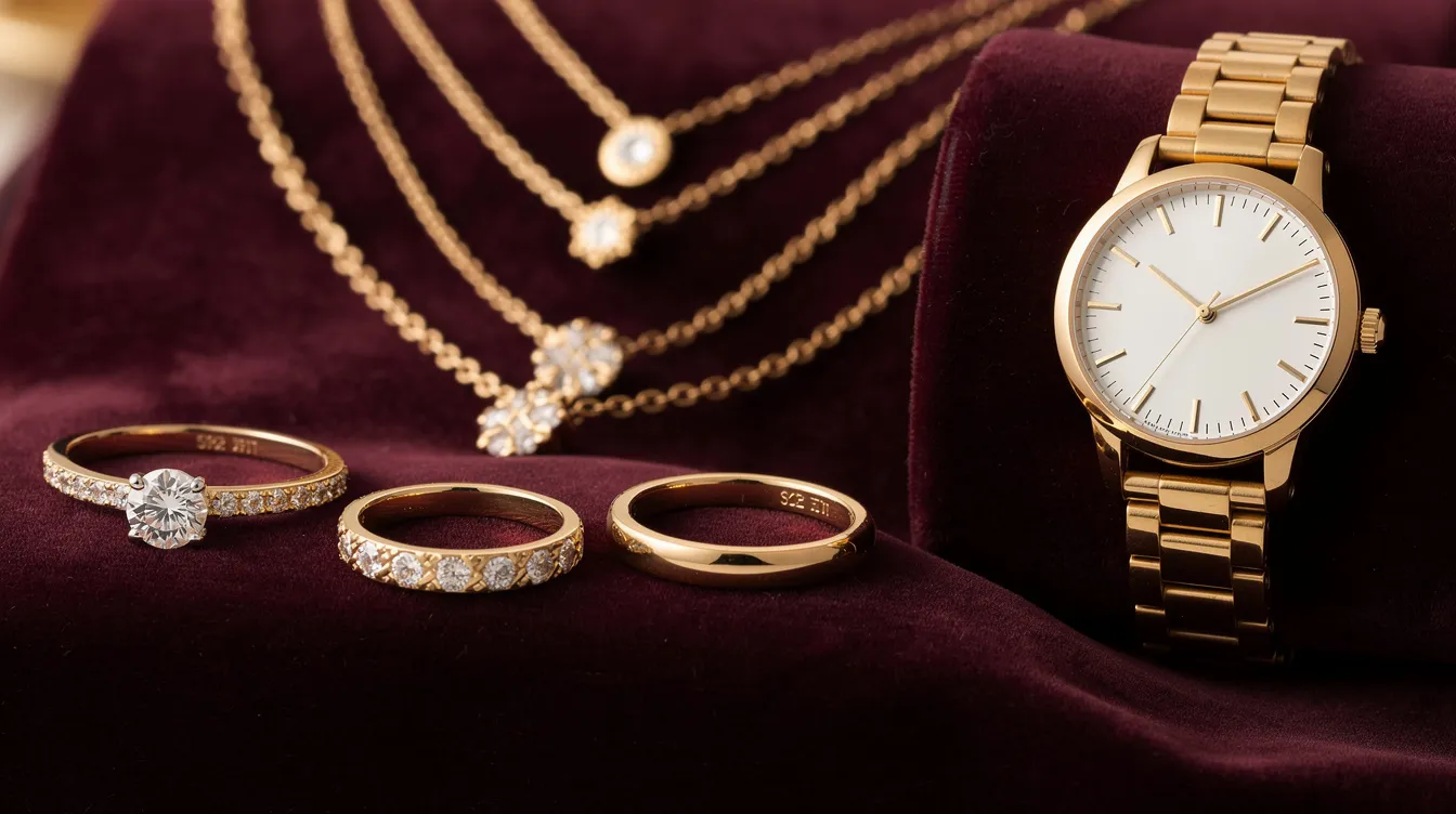 The image features an elegant arrangement of gold rings, necklaces, and a luxury watch displayed on a rich velvet surface, showcasing the quality and value of jewelry typically found in a pawn shop. This eye-catching display invites customers to explore affordable prices on exquisite merchandise.