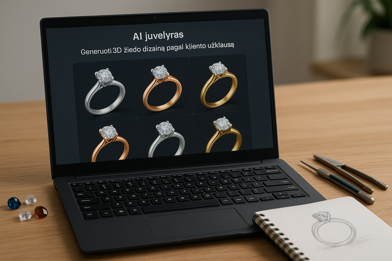 AI juvelyro įrankis, generuojantis 3D žiedo su deimantu dizainą pagal kliento užklausą