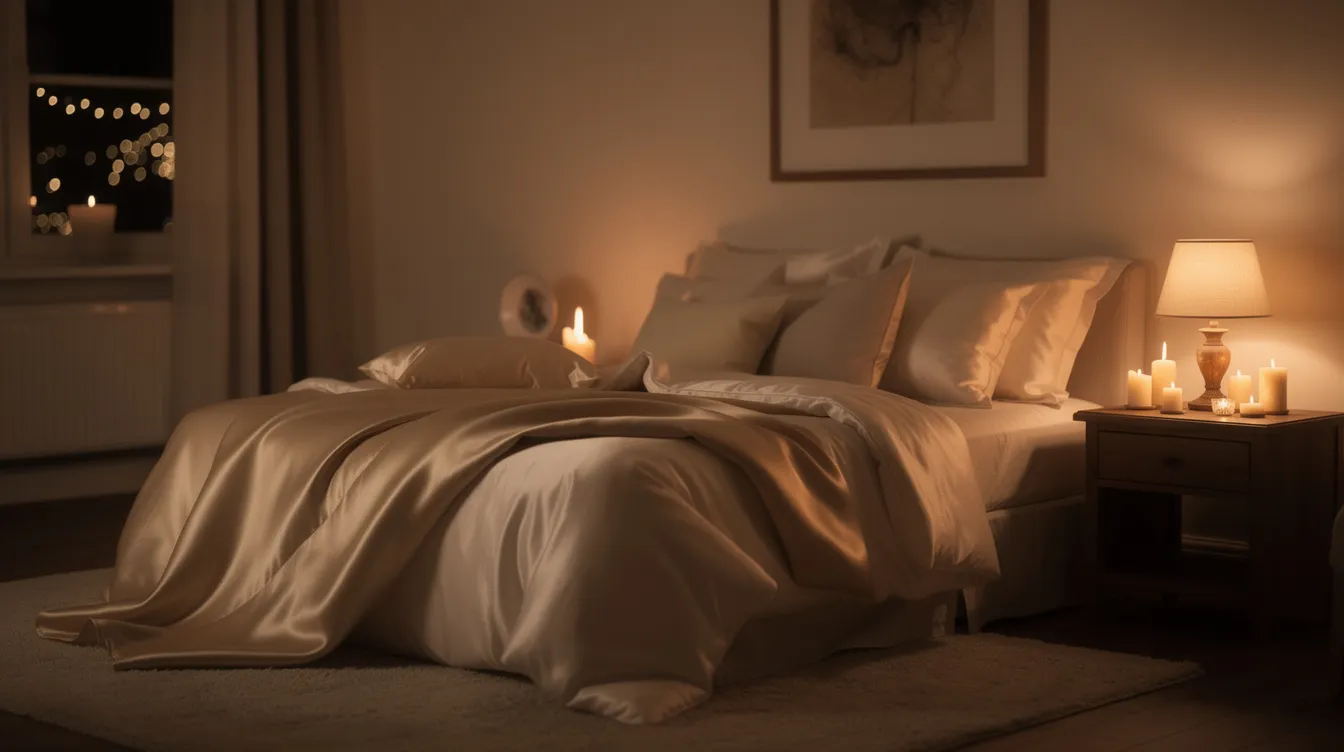 The image depicts a cozy, dimly lit bedroom featuring soft, warm lighting, luxurious silk sheets, and flickering candles on a nightstand, creating an intimate atmosphere ideal for enhancing sexual wellness and intimacy. This serene setting invites relaxation and exploration of one's own pleasure, perfect for achieving intense orgasms or enjoying partnered sex.