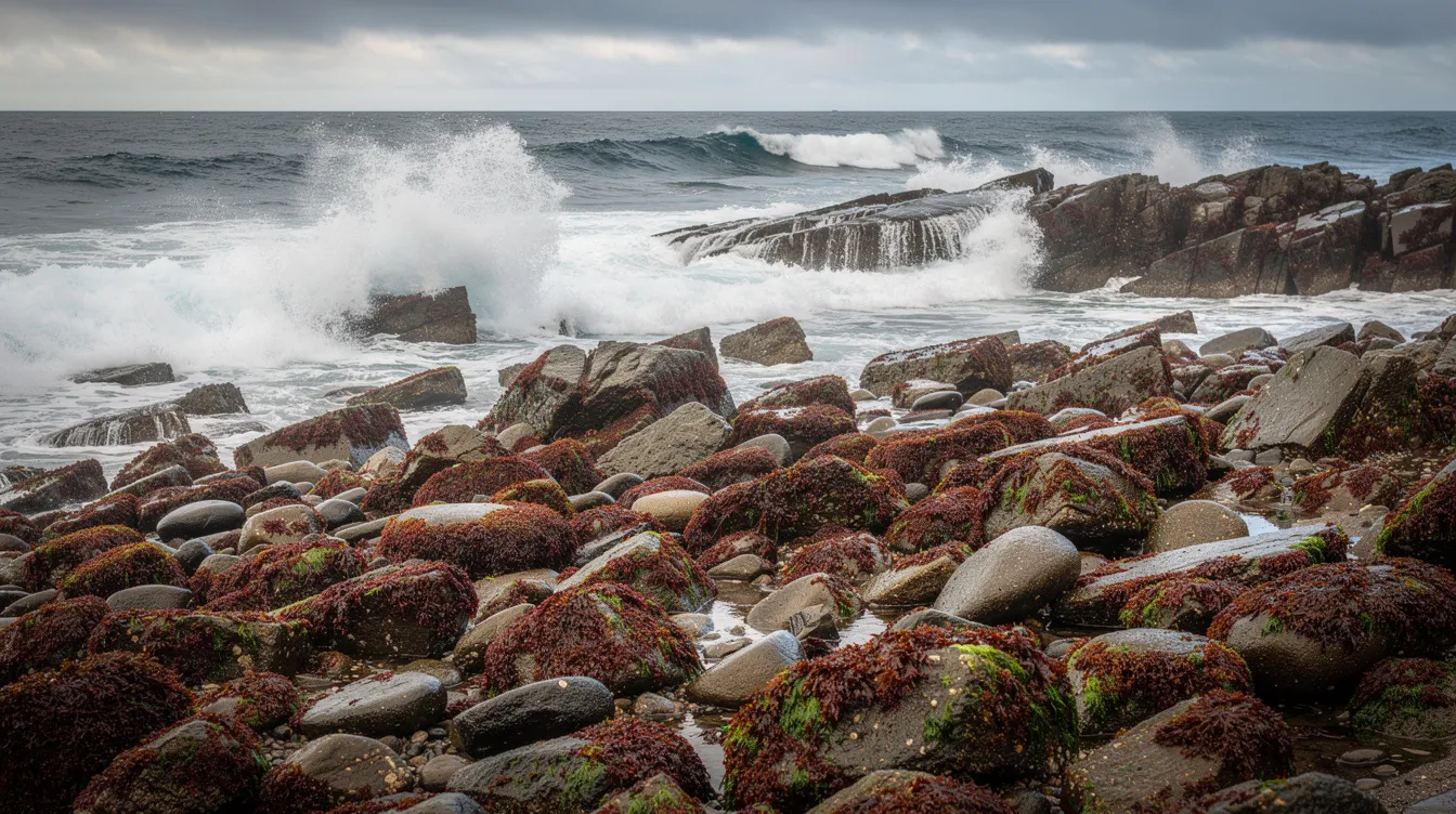 The image depicts a rugged Atlantic coastline where waves crash against stones adorned with vibrant red and green algae, reminiscent of natural sea moss. This stunning scene highlights the beauty of marine life, which is rich in nutrients and offers various health benefits, including potential improvements in gut health and immune system support.