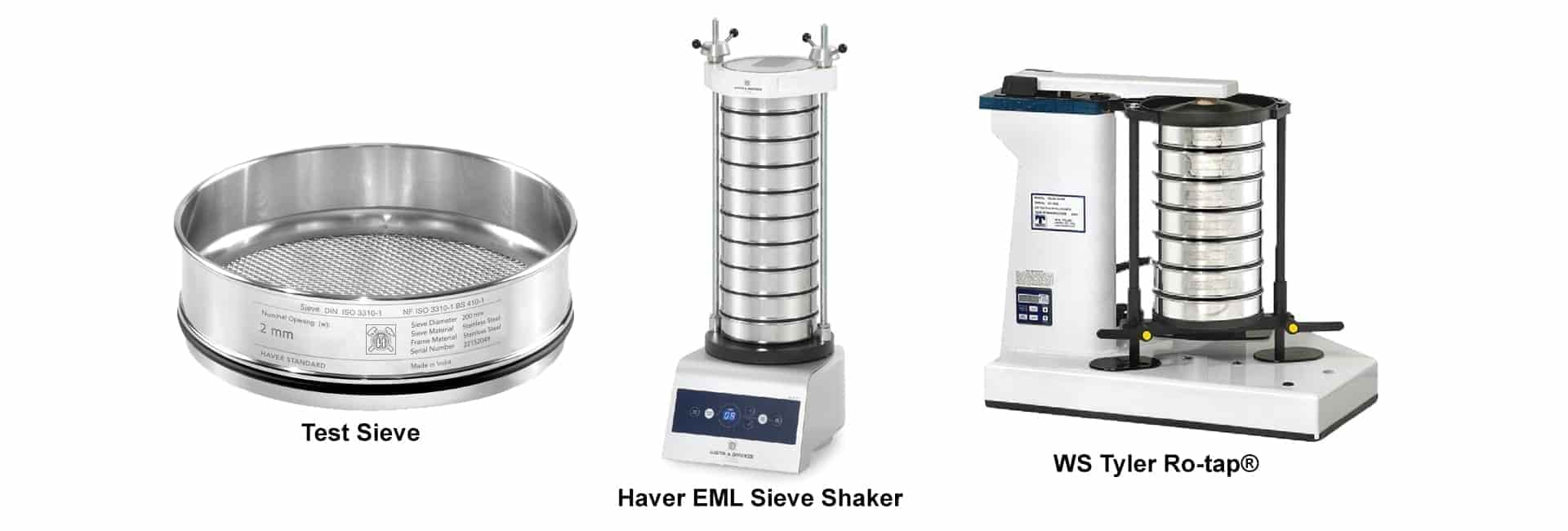 Sieve analysis equipment including test sieves and a mechanical sieve shaker