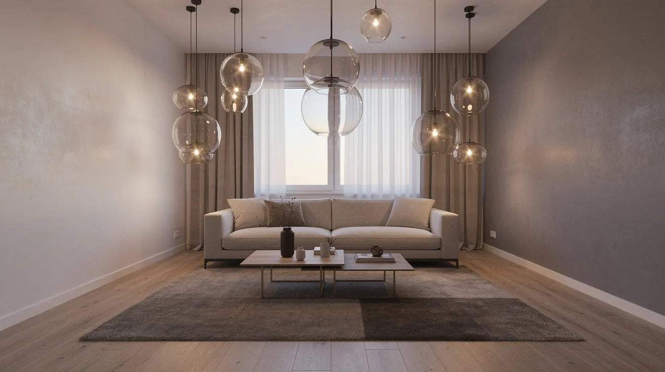 Ett modernt vardagsrum med flera sfäriska glaspendellampor hängande från taket, som ger ett mjukt och behagligt kvällsljus. Belysningen skapar en inbjudande atmosfär och passar perfekt i hemmet.