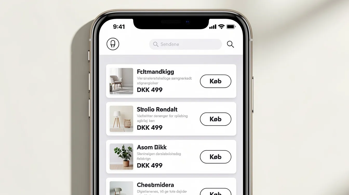 Billedet viser en mobiltelefon, der præsenterer en stilren webshop med produktkort og en tydelig køb-knap. Webshoppen giver kunder mulighed for at se alle priser og tilføje digitale produkter til deres kurv med et enkelt klik.