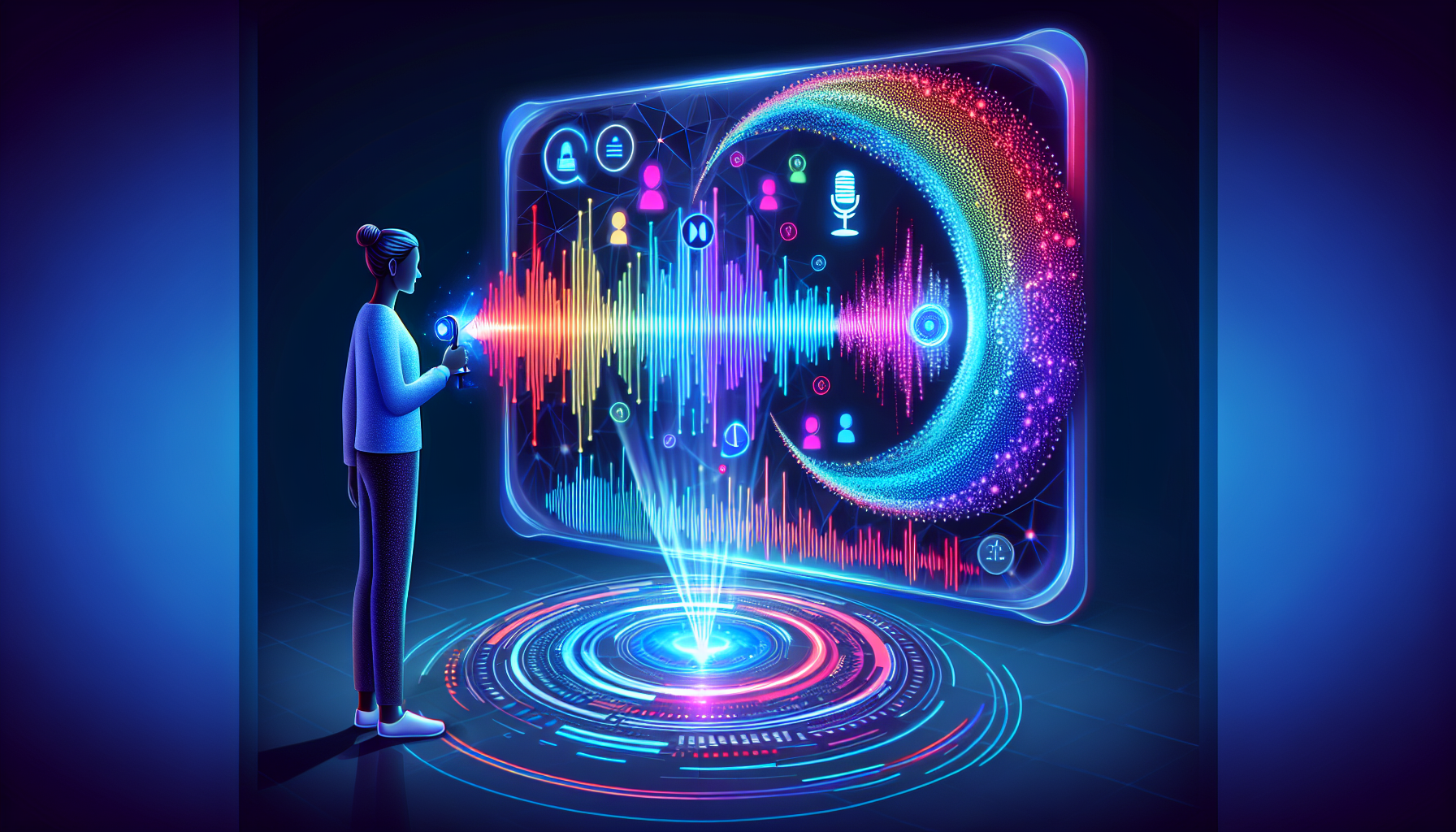 Illustration of a user interacting with Lalals AI voice generator tool