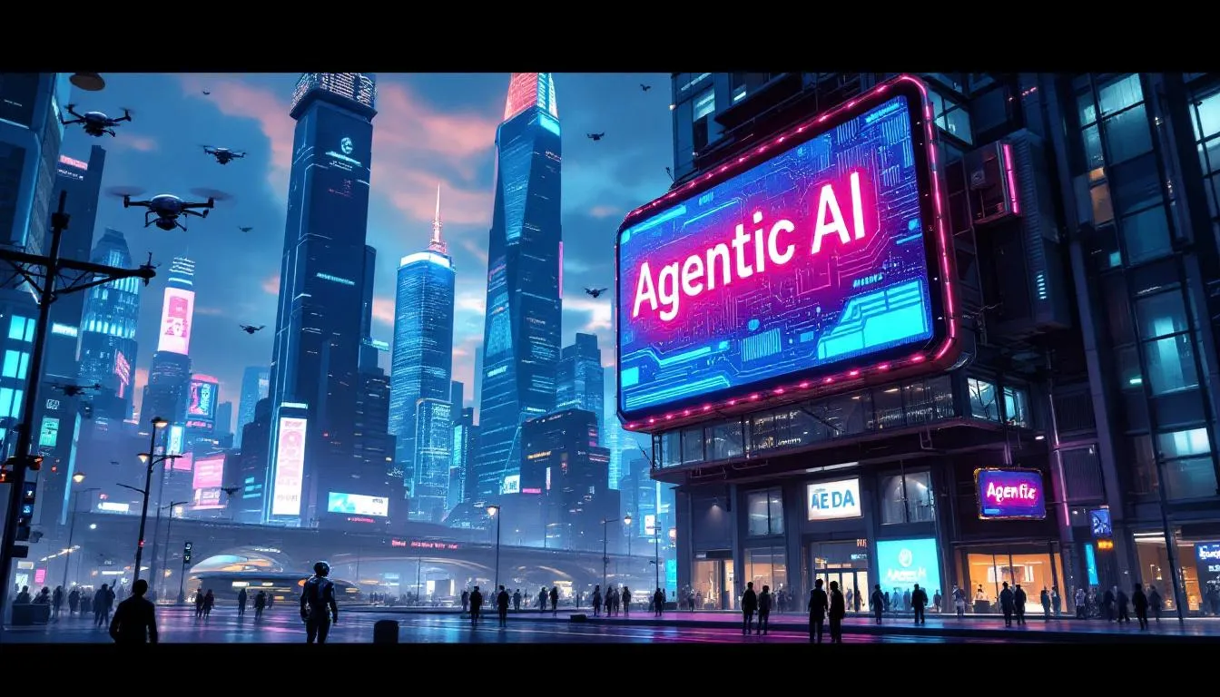 The image depicts a futuristic landscape showcasing various applications of agentic AI across industries like healthcare, finance, and logistics. It emphasizes the role of autonomous AI agents in transforming enterprise operations and executing complex tasks with minimal human intervention, highlighting the ongoing agentic AI revolution.