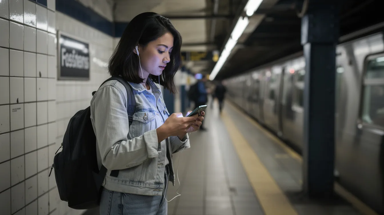 A woman is standing in a bustling NYC subway station, intently looking at her cellphone screen, possibly engaging with a dating app like Iris. The scene captures the intersection of modern technology and urban life, highlighting the search for meaningful connections in the real world.