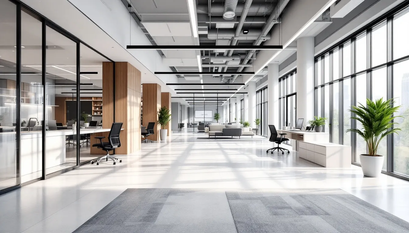 An office space featuring a modern design with desks, chairs, and shelves filled with legal books, reflecting a district court environment. The area is organized for clerks and legal staff to manage cases and public requests related to appeals and district court information.