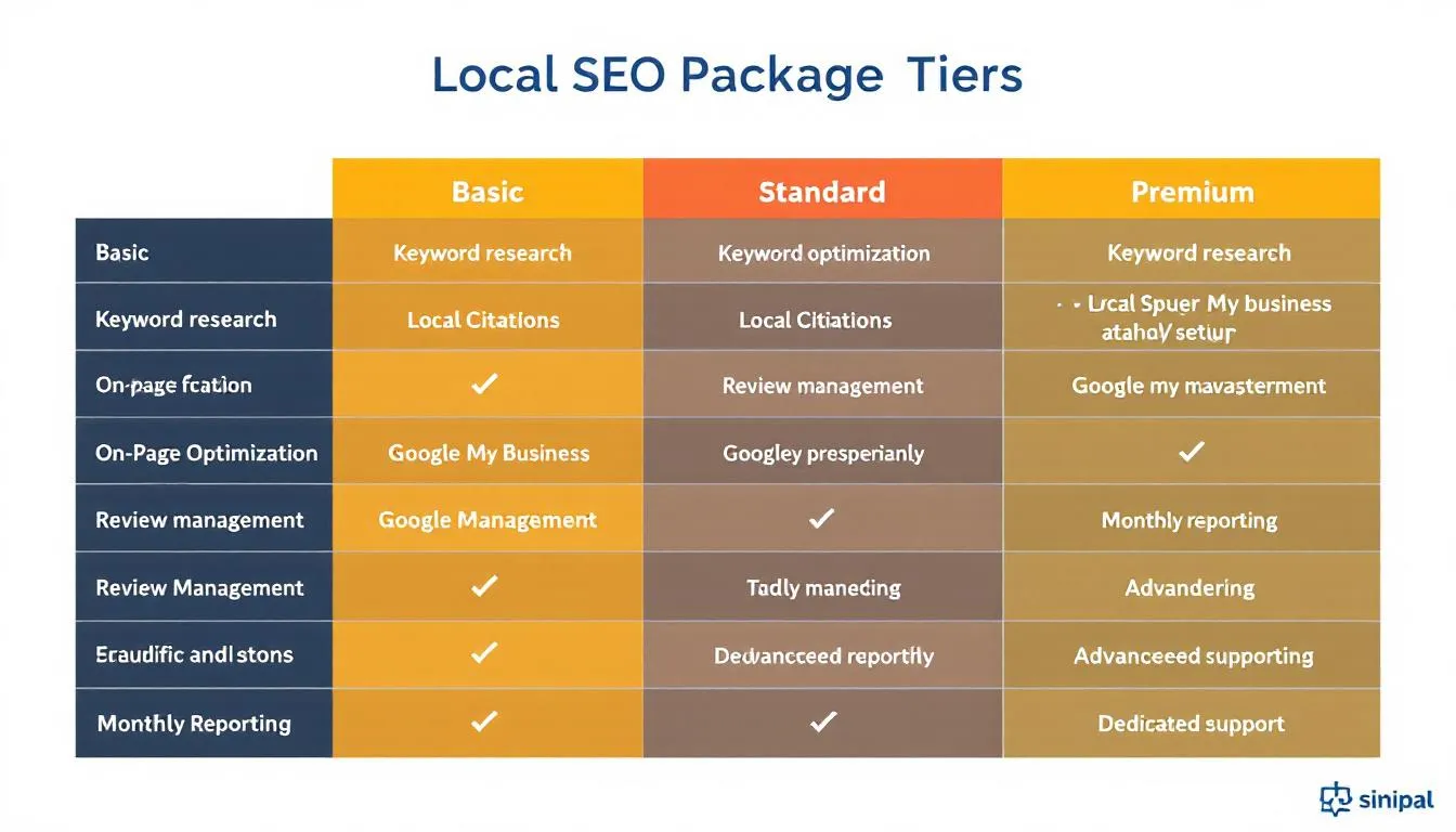 A comparison chart displays various tiers of local SEO packages, highlighting their features such as keyword research, local link building, and online reputation management. This visual aids local businesses in selecting the right SEO package to enhance their online visibility and attract more local customers through improved search rankings and effective local SEO strategies. A comparison chart displays various tiers of local SEO packages, highlighting their features such as keyword research, local link building, and online reputation management. This visual aids local businesses in selecting the right SEO package to enhance their online visibility and attract more local customers through improved search rankings and effective local SEO strategies.