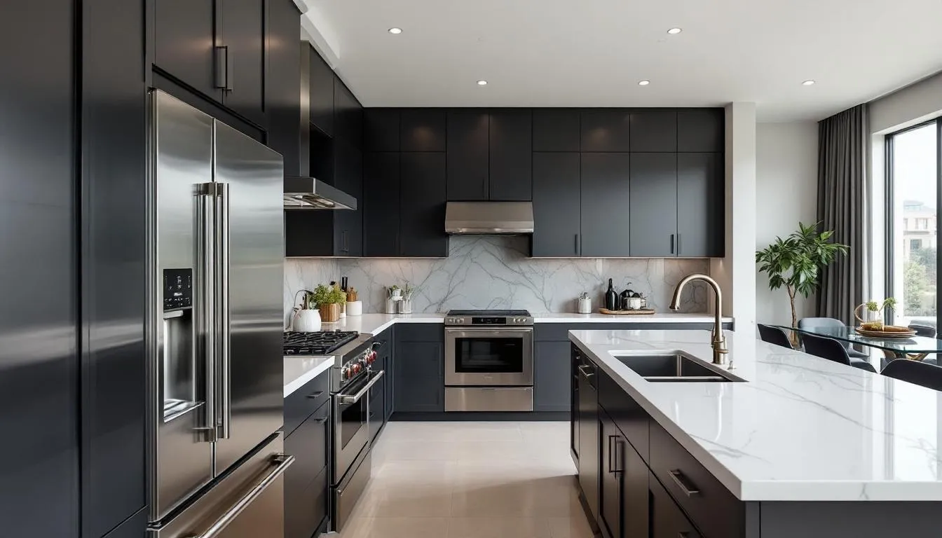 This image showcases a modern gourmet kitchen featuring high-end Bertazzoni stainless steel appliances and custom cabinetry, designed for seamless indoor-outdoor living. The space is flooded with abundant natural light, highlighting the luxurious finishes and polished concrete floors that blend modern luxury with coastal charm, perfect for relaxed Florida living in the desirable Lake Park neighborhood of Naples.