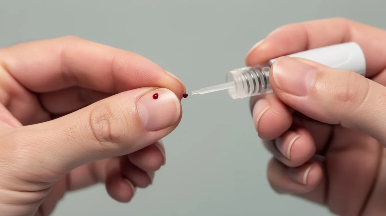 A close-up image shows hands using a lancet device to perform a finger-prick blood collection, capturing the moment a blood sample is obtained for NAD testing. This process is crucial for measuring NAD levels, which play a vital role in energy production and cellular health.