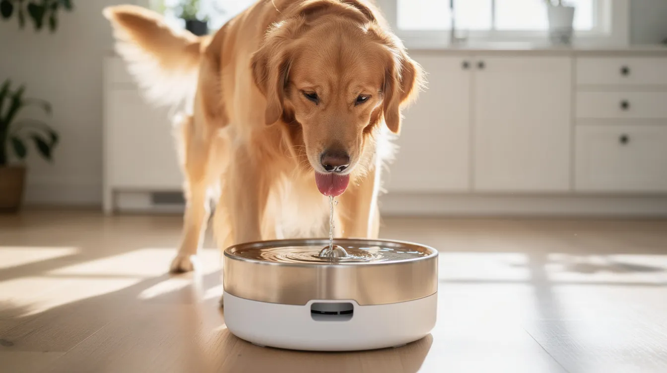 A golden retriever is happily drinking from an automatic pet water fountain in a bright and cheerful kitchen, surrounded by modern decor and natural light. This scene showcases a popular pet accessory that emphasizes convenience and wellness for pets, appealing to pet owners looking for high-quality products in the dropshipping market.