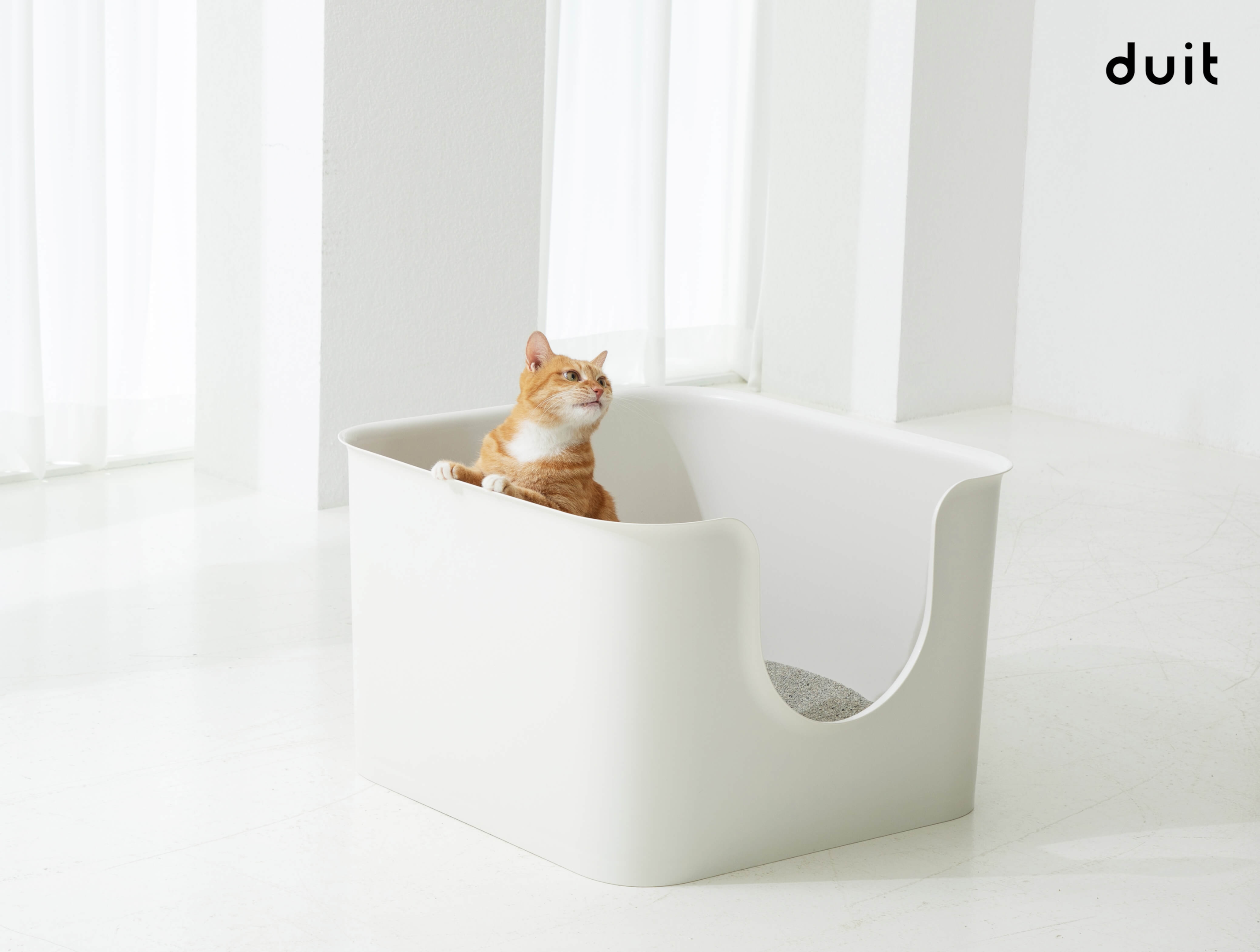 Orange cat stretching from inside a rectangular and deep white litter box.