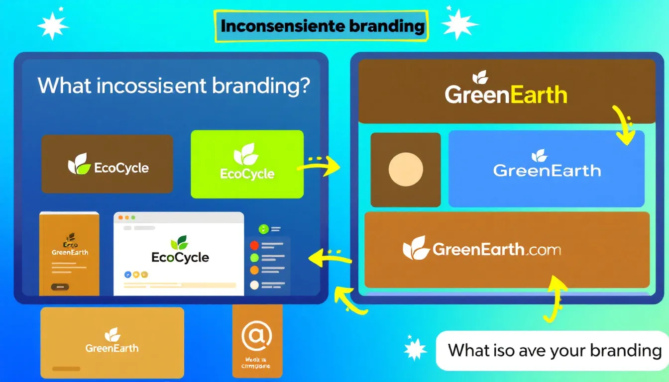 A visual representation of inconsistent branding across various marketing materials.
