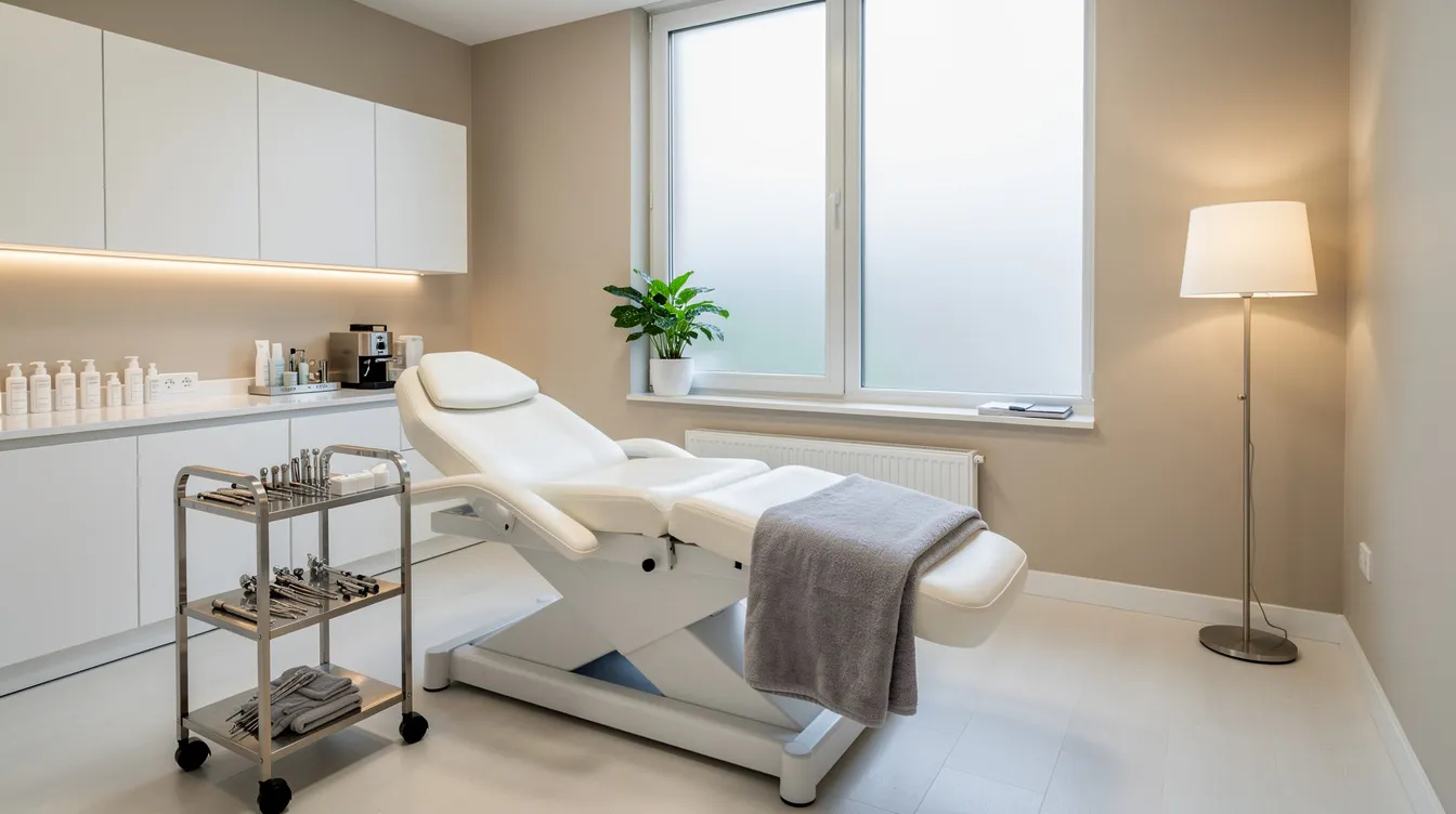 The image depicts a clean and modern aesthetic treatment room, featuring a comfortable procedure table and soft lighting, ideal for non-surgical butt lift procedures. This serene environment is designed to enhance patient comfort while undergoing treatments that stimulate collagen production for natural-looking results.