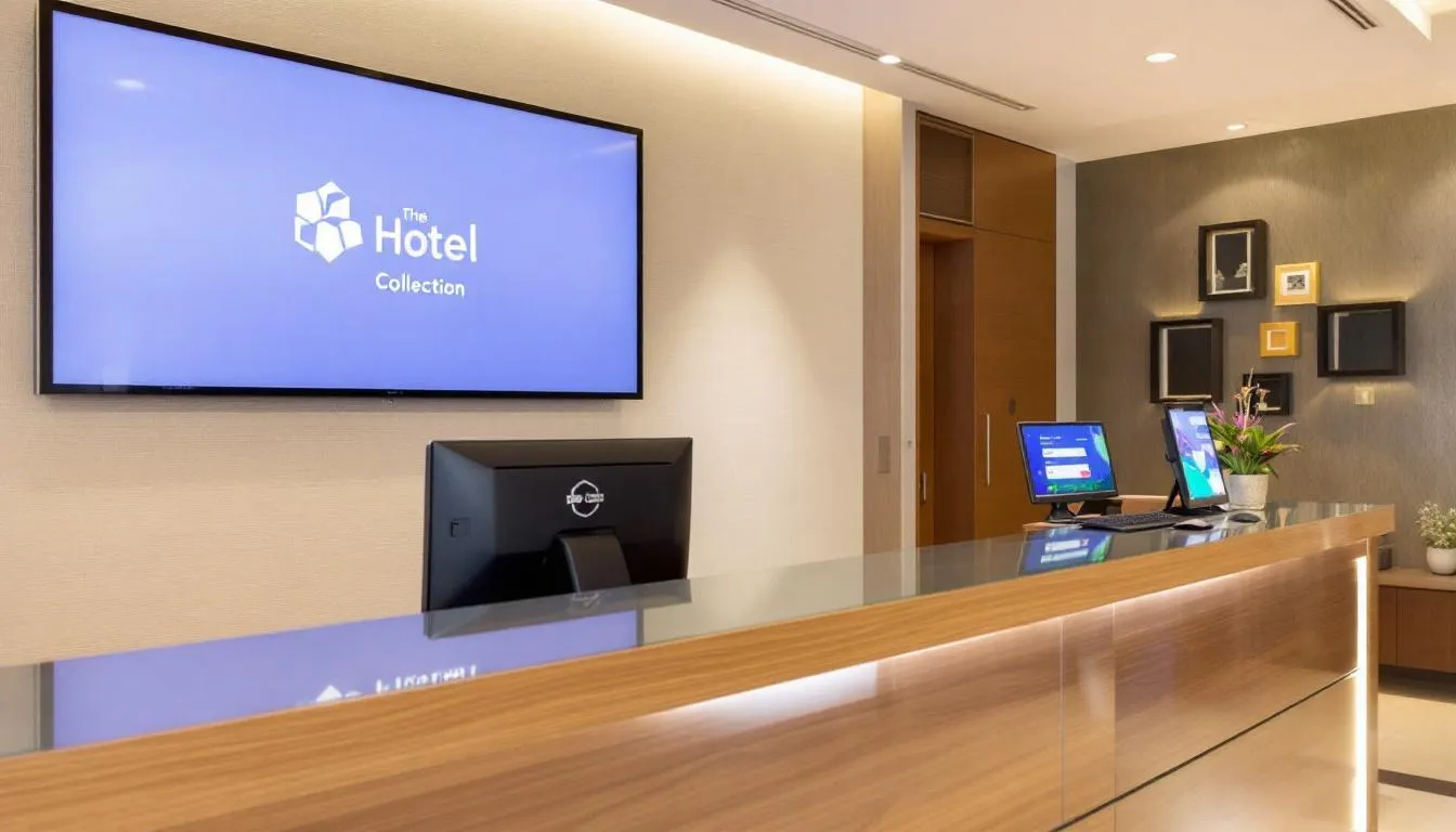 A modern hotel reception desk features sleek computer systems and digital displays that facilitate hotel operations, enhancing guest experiences and improving operational efficiency. This setup reflects the integration of hotel management software designed to streamline processes and maximize revenue for independent hotels and hotel chains alike.