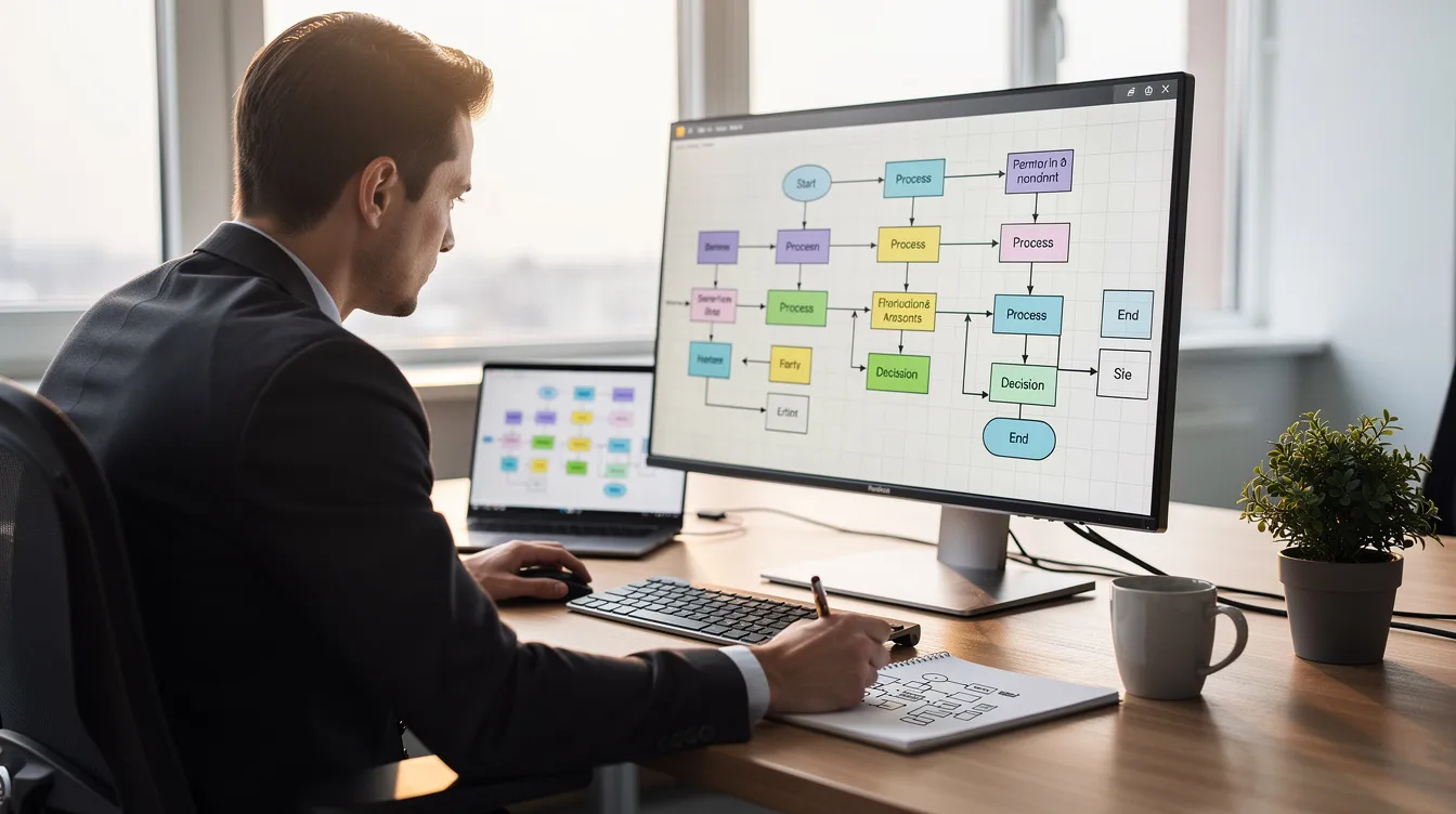 A person is intently reviewing a complex workflow diagram displayed on a large monitor in an office, analyzing various nodes and arrows that represent data processing and transformation processes. The diagram includes sections that illustrate data sources and the connections between different areas, highlighting the importance of maintaining quality and ease of entry for effective analysis.