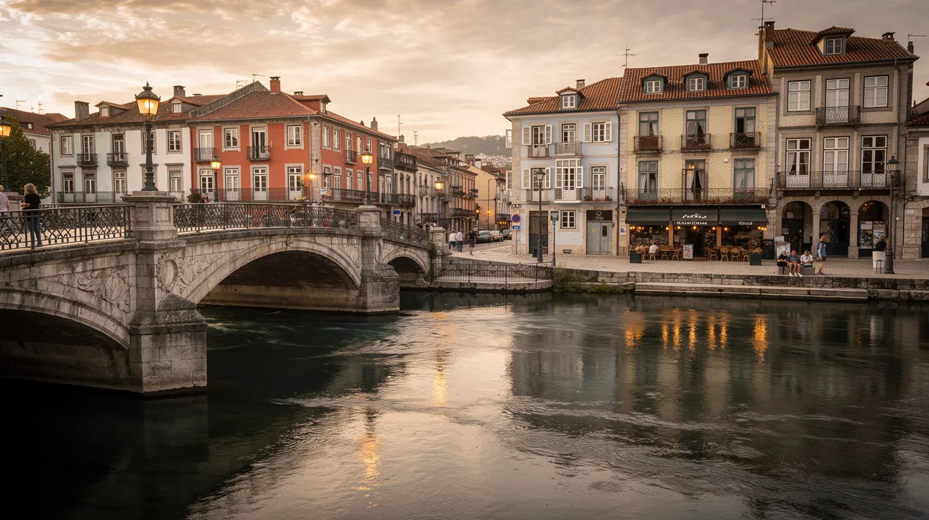 Imagem do centro histórico de uma cidade europeia, com um rio sereno e uma ponte ornamentada que conecta as duas margens. O cenário é envolto por arquitetura antiga e vibrante, refletindo a cultura e o turismo da região, ideal para viagens em família.