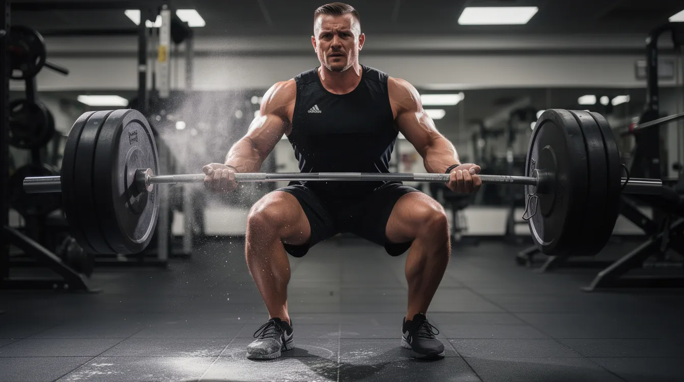 A man is performing a barbell squat in a well-lit gym, with chalk dusting his hands for grip. This exercise is essential for building muscle and energy levels, supporting overall fitness and testosterone output.