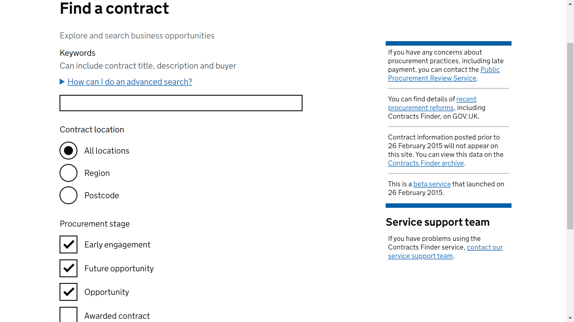 Homepage screenshot of the Contracts Finder showcasing the filters available to find government contracts