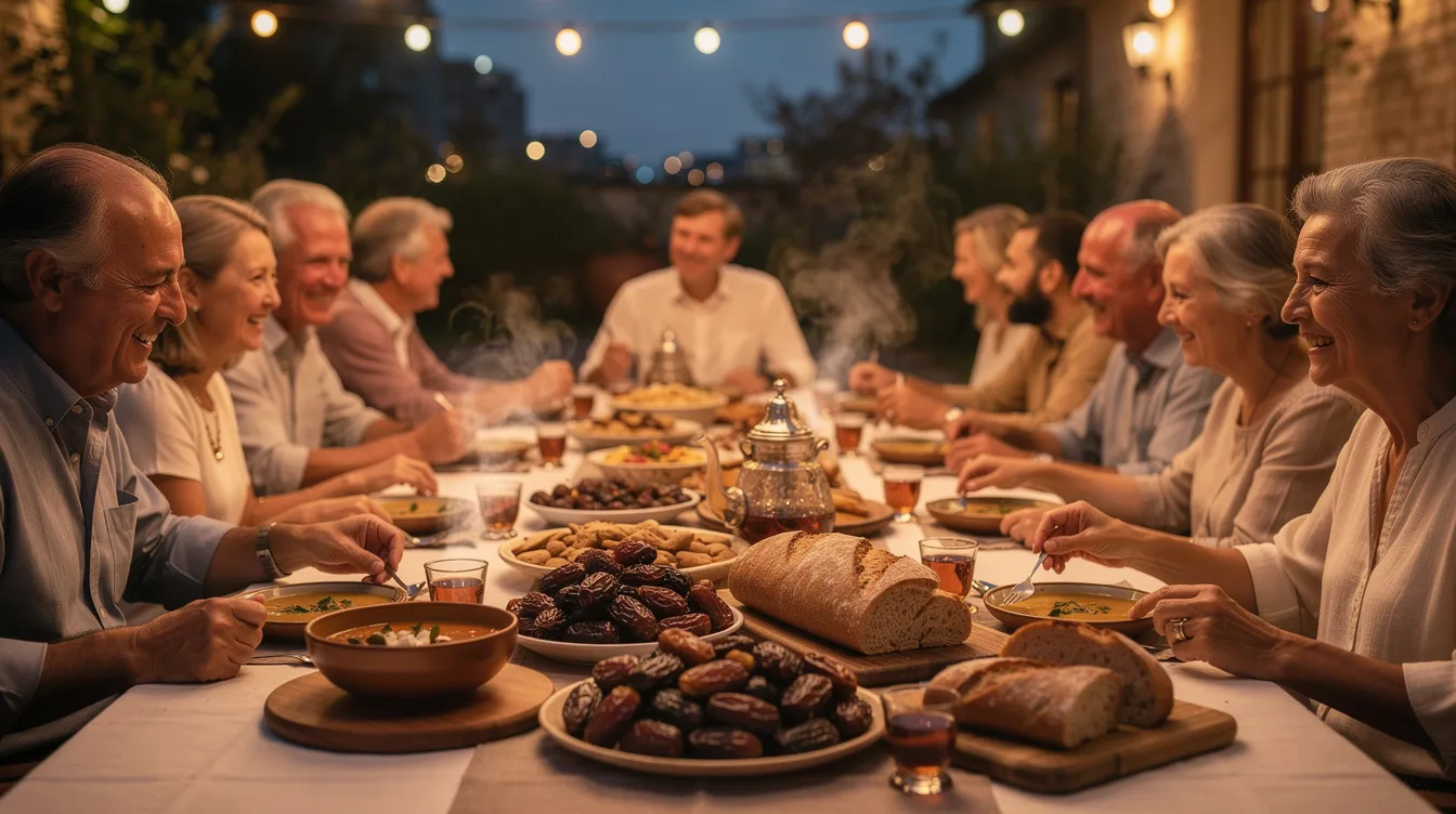Een familie en vrienden zitten samen rond een lange tafel, gevuld met traditionele gerechten zoals dadels, soep, brood en thee, terwijl het avondlicht de scène verlicht. Dit is een moment van samen eten en het verbreken van het vasten tijdens de ramadan, een belangrijke tijd voor moslims om dankbaarheid en liefde te delen.