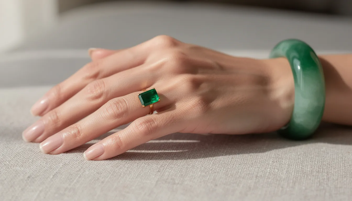 A person's hand showcases a stunning faceted emerald ring alongside a polished jadeite bangle, highlighting the contrast between the vivid green color of the emerald gemstone and the translucent green hue of the jade jewelry. This image emphasizes the beauty and significance of both emerald and jade, two iconic green gemstones with rich histories and cultural importance.