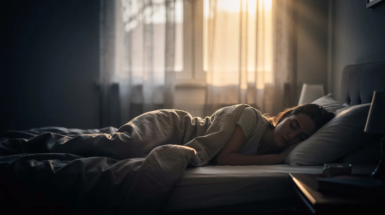 A person is peacefully sleeping in a dark bedroom, with soft morning light gently filtering through the curtains, creating a serene atmosphere conducive to quality sleep. This scene highlights the importance of a good night&rsquo;s rest for healthy adults, promoting deep sleep and relaxation.