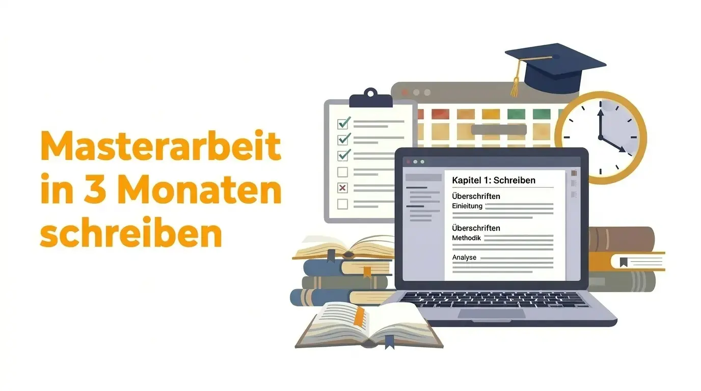 Illustration zum Schreiben einer Masterarbeit in drei Monaten mit Laptop, Checkliste, Kalender und Uhr