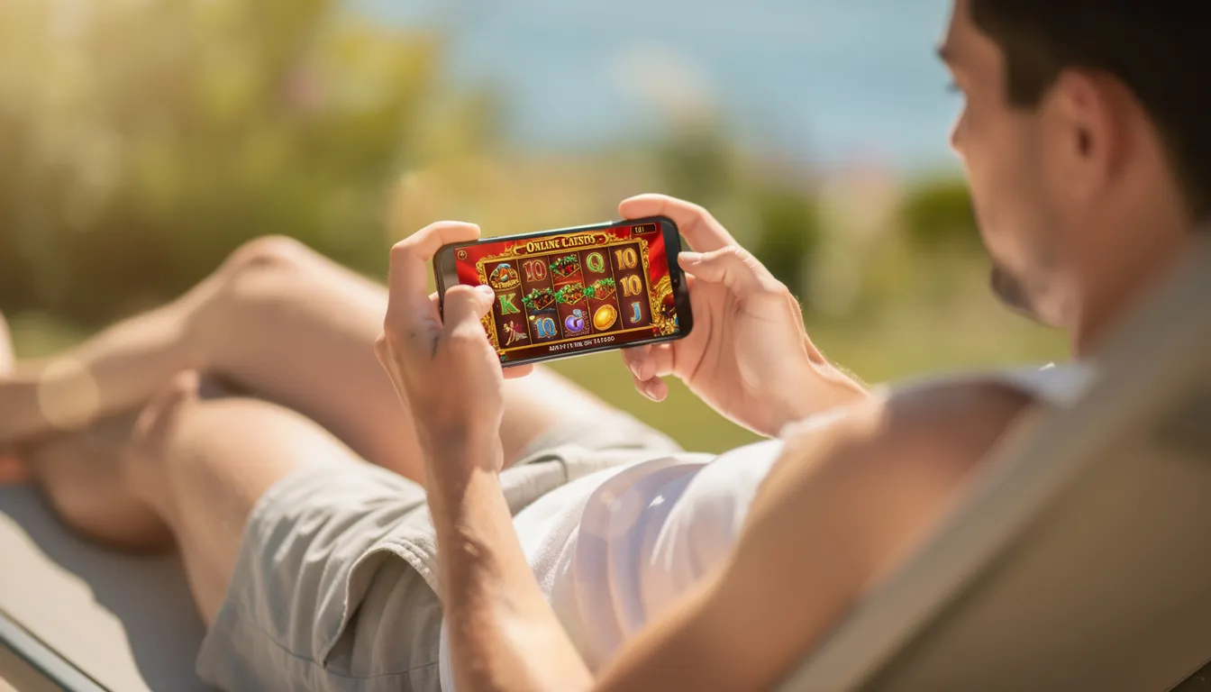 En person sitter i solen och håller en smartphone medan de spelar casino hos Winlandia. Bilden visar en avslappnad atmosfär där spelaren njuter av ett pay n play casino, omgiven av naturens ljud och ljus.