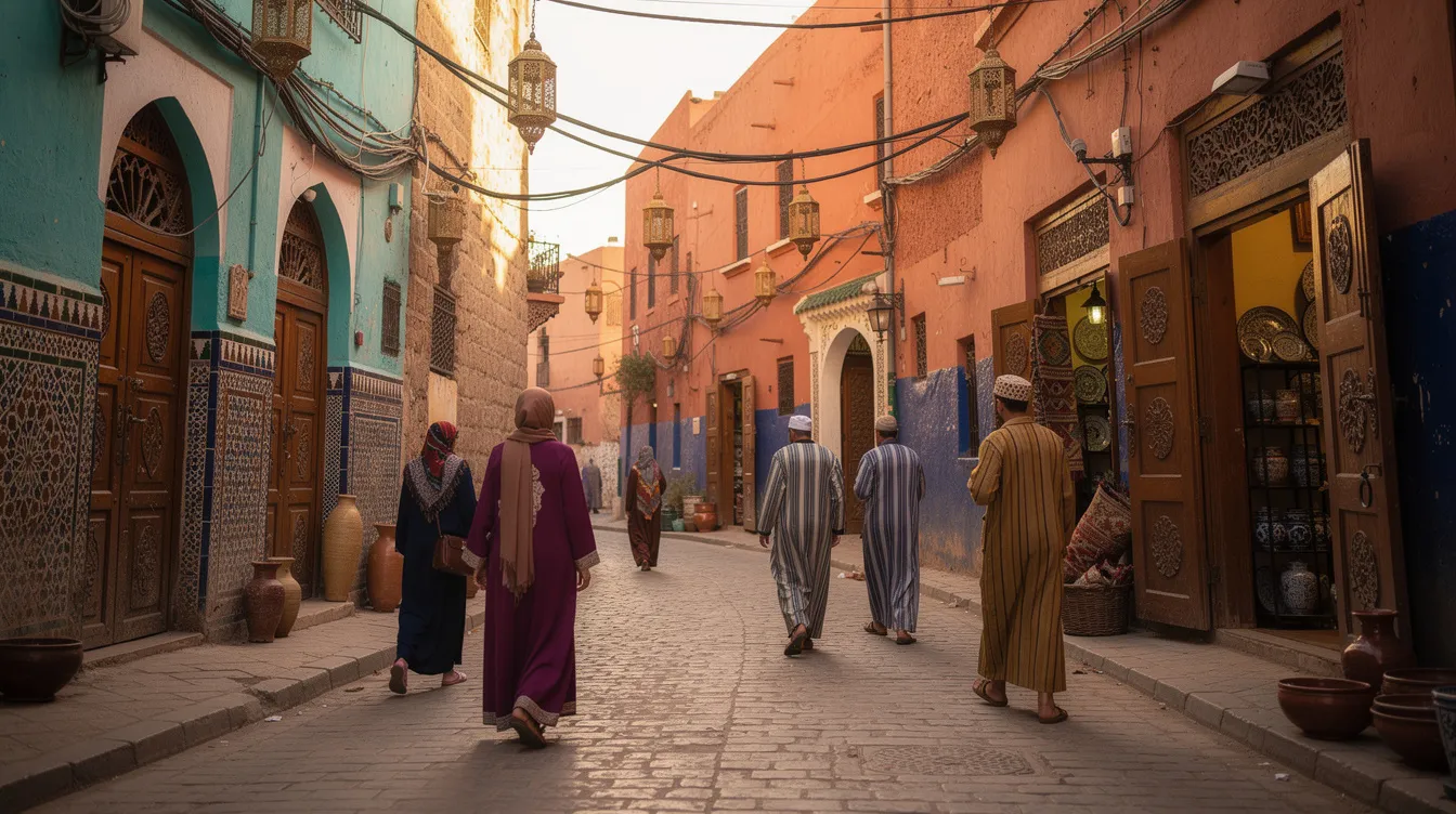 A narrow street in a Moroccan medina features vibrant, colorful walls, with a mixed crowd of people walking in traditional clothing, reflecting the rich Moroccan culture. The scene captures the essence of daily life in this Islamic country, where local customs are respected amidst the diverse expressions of identity and community.