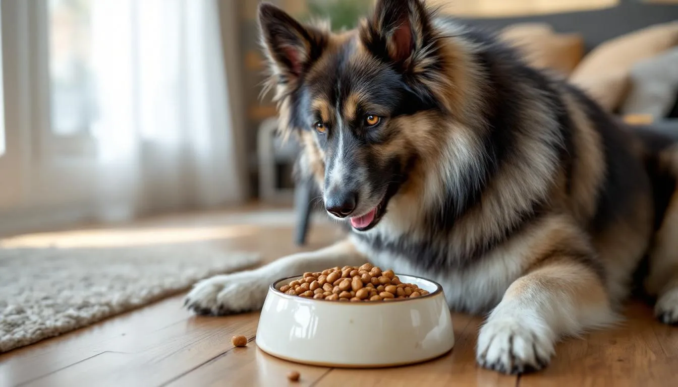A Norwegian Elkhound is happily eating high-quality dog food from a bowl, showcasing its medium-sized, sturdy build and dark brown coat. This loyal companion, known for its hunting dog instincts and wonderful family dog personality, enjoys its meal in a cozy indoor setting.