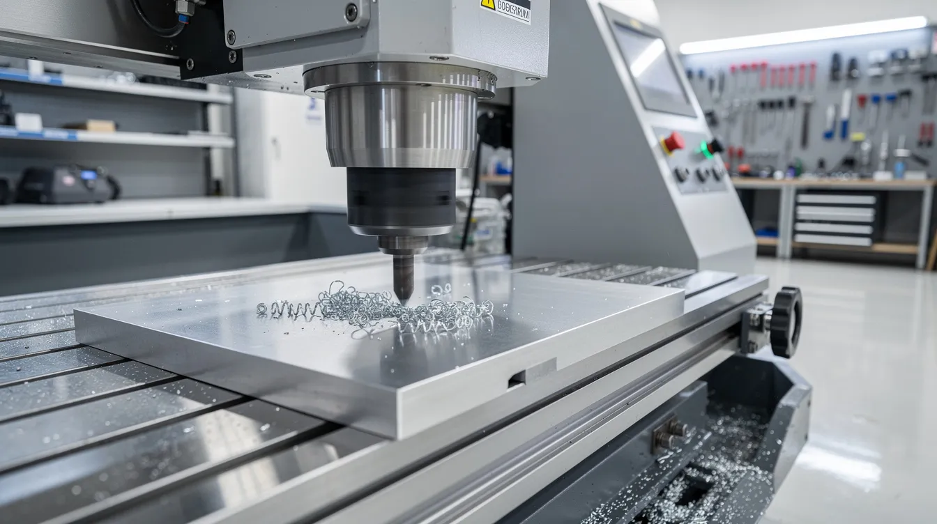 The image depicts a precision CNC machine actively cutting a flat metal workpiece, likely made of cold rolled or hot rolled steel, in a clean and organized workshop environment. The machine showcases tight tolerances and precise dimensions, emphasizing the importance of accurate manufacturing processes in producing high-quality metal components.