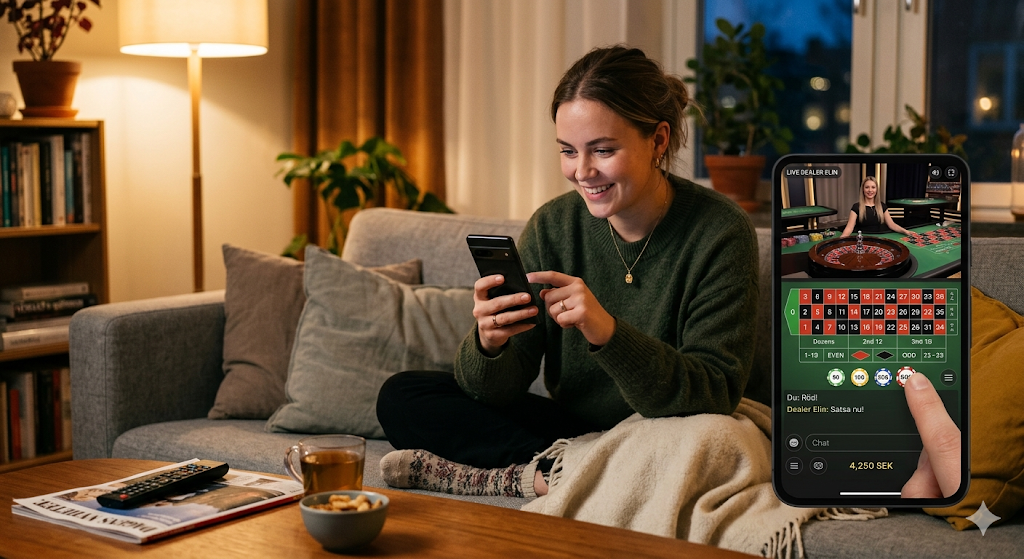 Spela roulette online på mobil – spelare sitter hemma och spelar live roulette med dealer via casino app