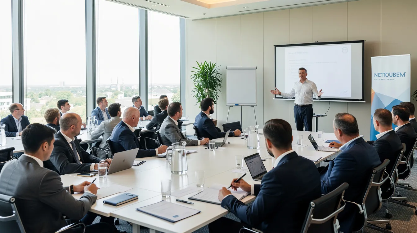 The image depicts a mid-sized corporate retreat where a leadership keynote speaker presents to a group of seated executives in a brightly lit conference room. The atmosphere is focused on leadership development and team building, with attendees engaged in the session, reflecting the importance of emotional intelligence and effective decision-making in corporate events.