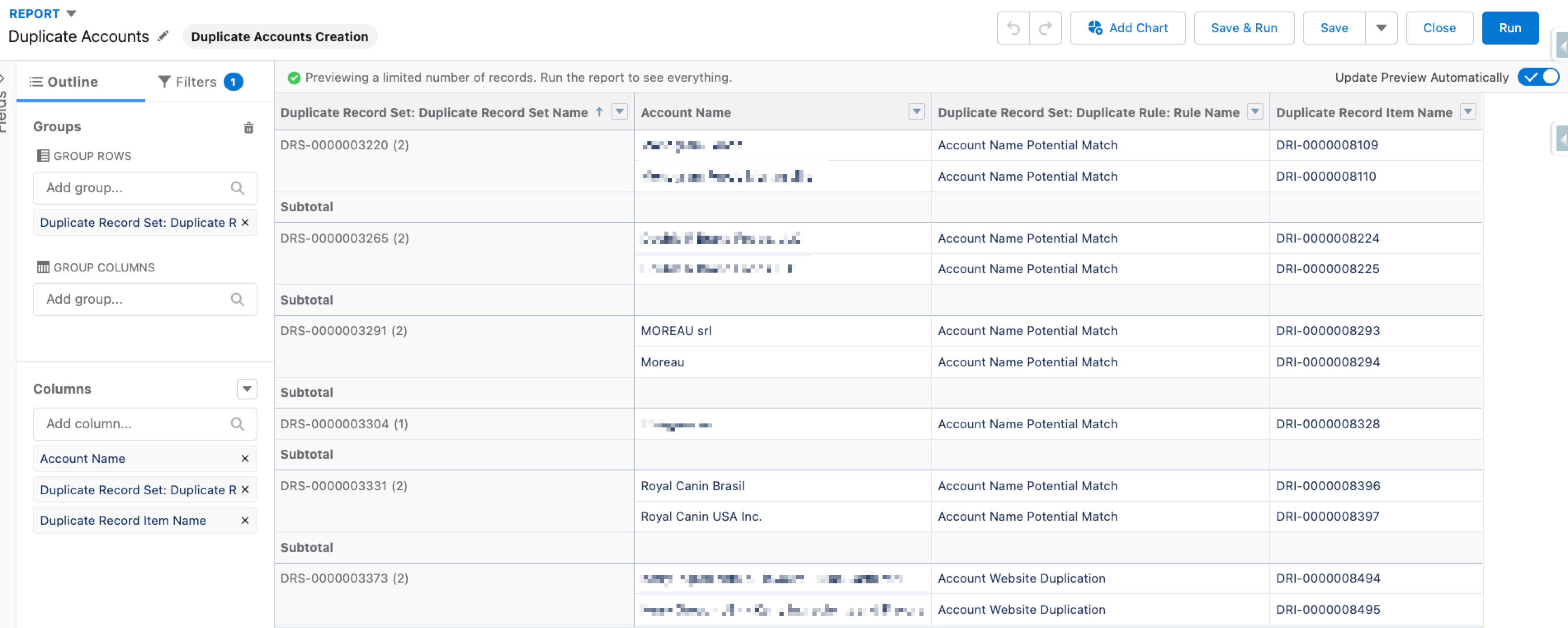 Screenshot of how to outline a Salesforce Duplicate Report