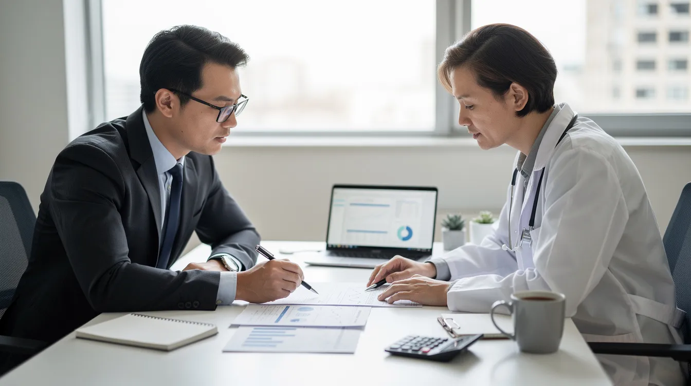 A professional chartered accountant is consulting with a doctor at a desk, surrounded by financial documents related to eye care services. They are discussing key factors for financial analysis, focusing on the capital cost and revenue of cataract surgeries and refractive surgery to ensure the sustainability of the eye hospital's operations.