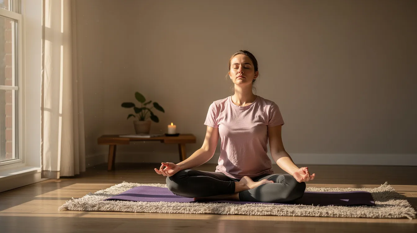 A person is sitting cross-legged in a calm room, practicing deep breathing meditation to promote relaxation and improve sleep habits. This mindfulness exercise can be beneficial for managing insomnia symptoms and enhancing overall sleep hygiene.