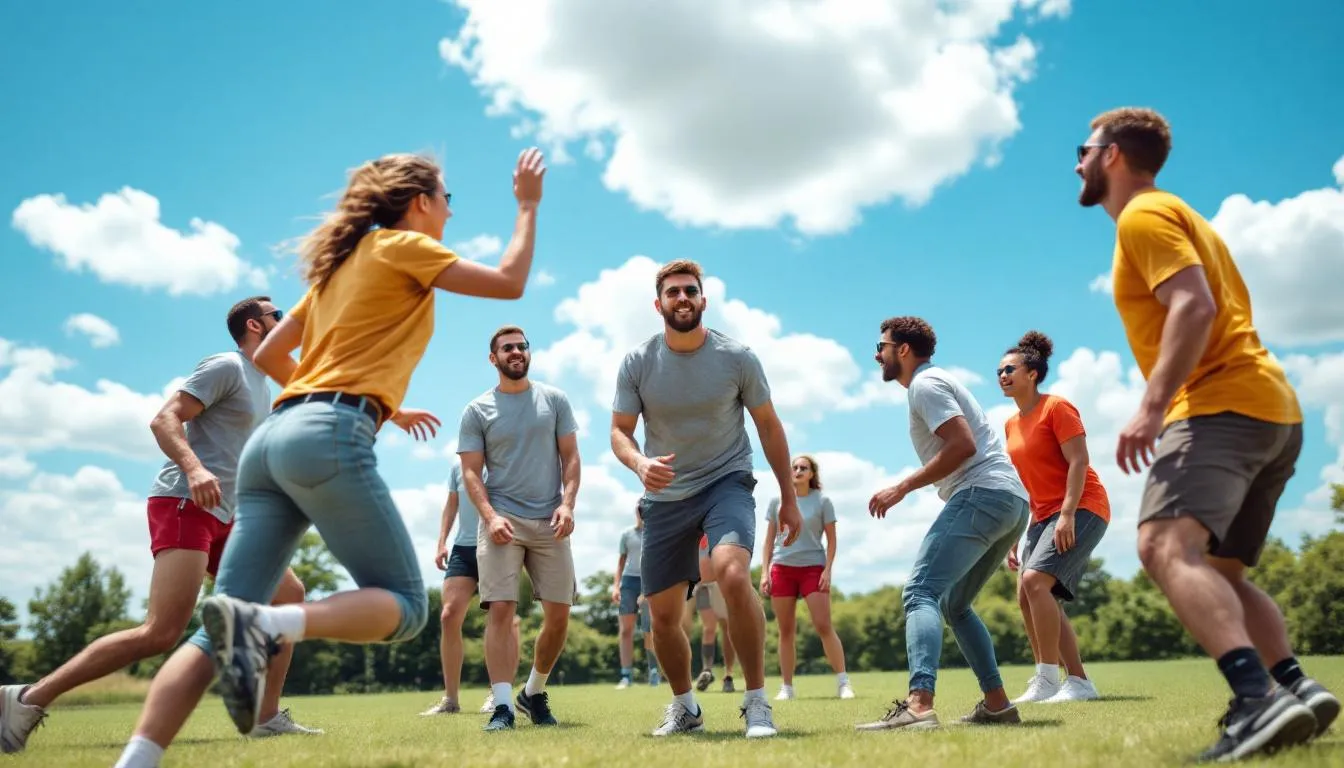 In the photo, a group of employees is taking part in a team game outdoors in a cheerful, informal atmosphere—perfect for a company picnic. In the background you can see tents and various attractions that support team bonding.