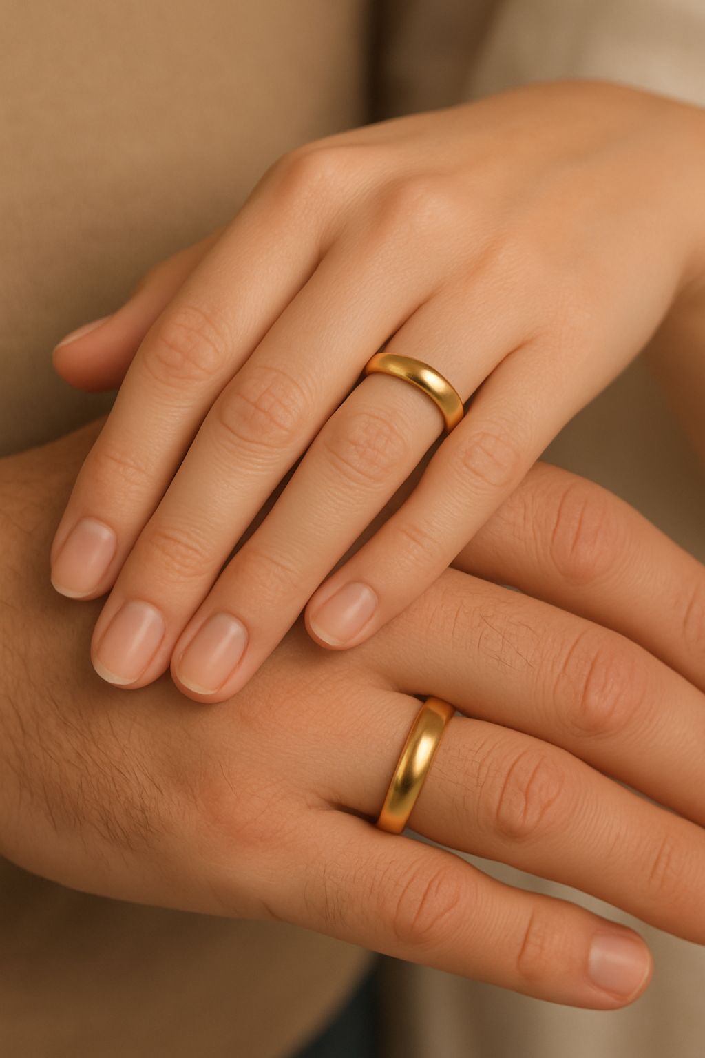 Dzeltenā zelta laulības gredzeni uz jaunlaulāto rokām