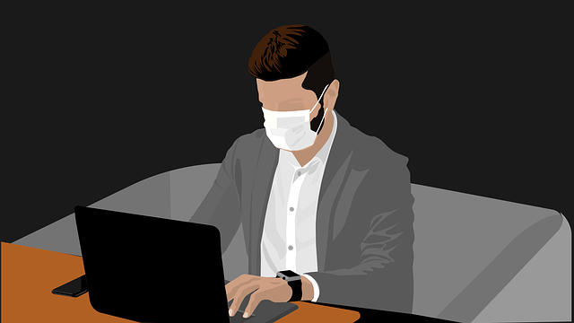 man, face mask, laptop